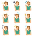 Set of various expressions of a woman with a ponytail illustration.