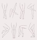 Set of various female legs. Hand drawn outline woman foot in different poses. Black and white vector illustration