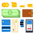 Set for various financial transactions, cash and cashless payment methods vector illustration