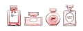 A set of various flasks and bottles for perfume, cologne, perfume water. Modern trendy sketch style, trendy watercolor