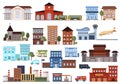 Set of various flat urban buildings icons.