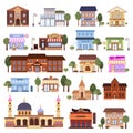 Set of various flat urban buildings icons.