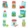 Flat vector set of food and drinks for babies. Natural yogurts and juices, fruit and vegetable puree, cookies and Royalty Free Stock Photo