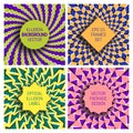 Set of various frames on optical illusion backgrounds. Original labels templates for packaging design with hypnotic effect