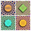 Set of various frames on optical illusion backgrounds. Original labels templates for packaging design with hypnotic effect