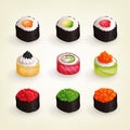 Set of various fresh and delicious sushi rolls.