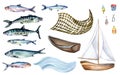 Set of various fresh sea fish watercolor illustration isolated on white. Fish net and mackerel, herring, anchovy