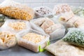 Set of various frozen products. Frozen food, vegetables and meat Royalty Free Stock Photo