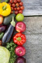 Set of various fruits and vegetables on rustic wooden surface, top view. From above, overhead. Space for text Royalty Free Stock Photo