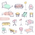 Set of various furniture. Hand drawn different types sofas, chairs and armchairs, bedside tables, beds, tables, lamps