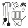 Set of various gardening tools in doodle style