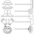 Set of transparent and outline various icons gardening and farm tools including gloves, watering hose, rake and shovels. 