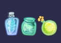 Set of various glowing magical potions and antidotes on dark background. Alchemy and Potion Making. Witch tinctures. Vector