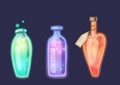 Set of various glowing magical potions, poisons and antidotes. Alchemy and Potion Making. Witch tinctures.