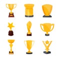 Set of various gold, bronze medals and cups. Golden trophy.