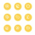 Set of various golden cryptocurrency coins flat cartoon vector illustration isolated on white background. Earning on