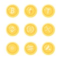 Set of various golden cryptocurrency coins flat cartoon vector illustration isolated on white background. Earning on