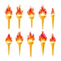 Set of various golden torches with a blazing fire. The fiery torch of the champion\'s victory. Flame icons