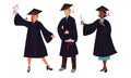 Set of various graduate students in different poses. Vector illustration in flat cartoon style Royalty Free Stock Photo