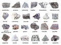 Set of various gray unpolished rocks with names