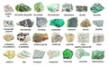 Set of various green unpolished stones with names Royalty Free Stock Photo