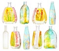 Set of various hand painted glass bottles isolated Royalty Free Stock Photo