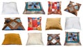 Set of various handmade pillows isolated on white