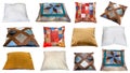 Set of various handmade pillows isolated on white Royalty Free Stock Photo