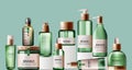 Set of various health care and spa green bottles. Body oil, lotion, serum, shower gel and perfume Royalty Free Stock Photo