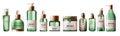 Set of various health care and spa green bottles. Body oil, lotion, serum, shower gel and perfume Royalty Free Stock Photo