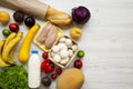 Set of various healthy food on white wooden table, top view. Cooking food background. Healthy food concept. Copy space Royalty Free Stock Photo