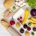 Set of various healthy food on a white wooden table, top view. Cooking food background. Healthy food concept. Close-up Royalty Free Stock Photo