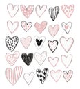 Set of various hearts, colored pencil drawing, cute doodle design, sketch for wedding, valentine s day, romance. Vector