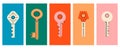 Set of various house keys. Colored posters with hand drawn house keys. Different door keys isolated on colored