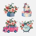 Set with various household items decorated with flowers. Cute little romantic pictures with flowers. Alarm clock,gift Royalty Free Stock Photo