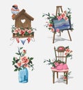 Set with various household items decorated with flowers. Cute little romantic pictures with flowers.Art easel, gift