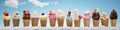 Set of various ice cream scoops in waffle cones Royalty Free Stock Photo