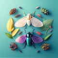 Set of various insects on blue background. generative AI.