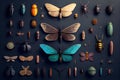 Set of various insects on a dark background. generative AI.