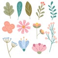 Set of various isolated flowers. Flat and stylized flowers. Vector illustration.