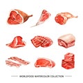 Set of various isolated meat watercolor illustration for decorative use