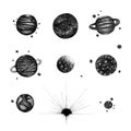 Set of various isolated solar system planets in vintage dotwork style. Hand drawn illustration on white background.