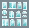 Set of various isolated white plastic windows on dark background. Vector illustration