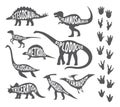 Set with various kinds of painted dinosaurs and footprints