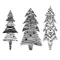 Set of various lagom firs with hatching and scribble. Hand-drawn Christmas trees with toys. Vector ink element Royalty Free Stock Photo