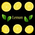 Set of various lemon slices. Citrus fruit. Vibrant juicy ripe citrus. Whole, cut in half, sliced on pieces lemons.isolated on