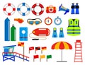 Set of various lifebuoy isolated or lifeguard rescue equipment or safety beach worker with life jacket concept. eps 10 vector Royalty Free Stock Photo