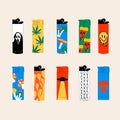 Set of various Lighters. Metal and plastic cigarette lighters with cool colorful prints.