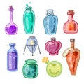 Set of various magical potions, poisons and antidotes. Alchemy and Potion Making. Witch`s tinctures.