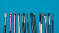 Set of various make up brushes on a blue background Royalty Free Stock Photo